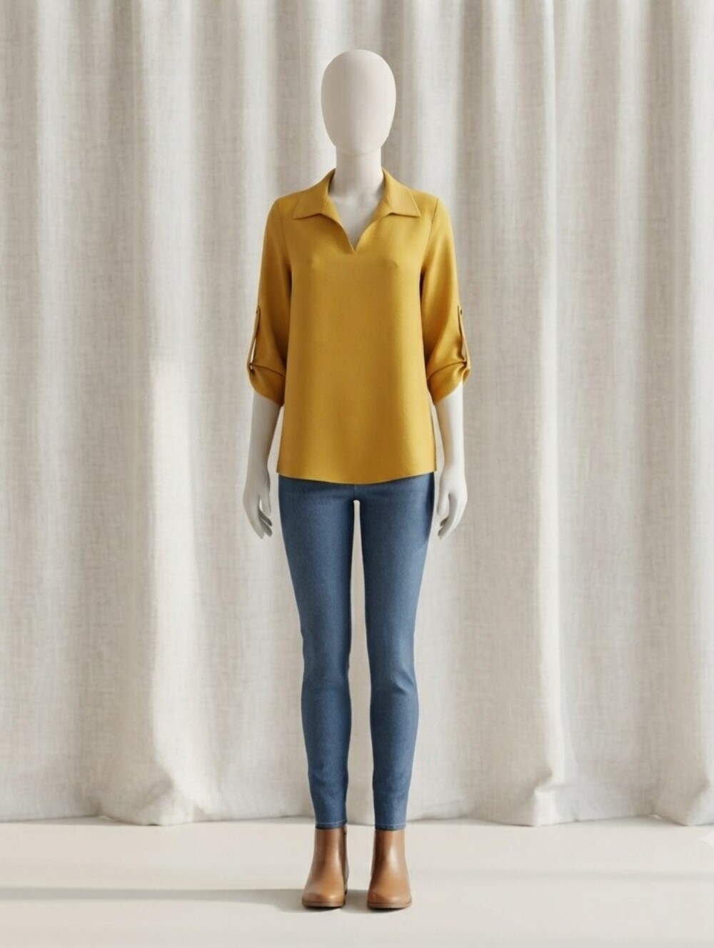 Mustard Yellow Collared Roll-Sleeve Blouse